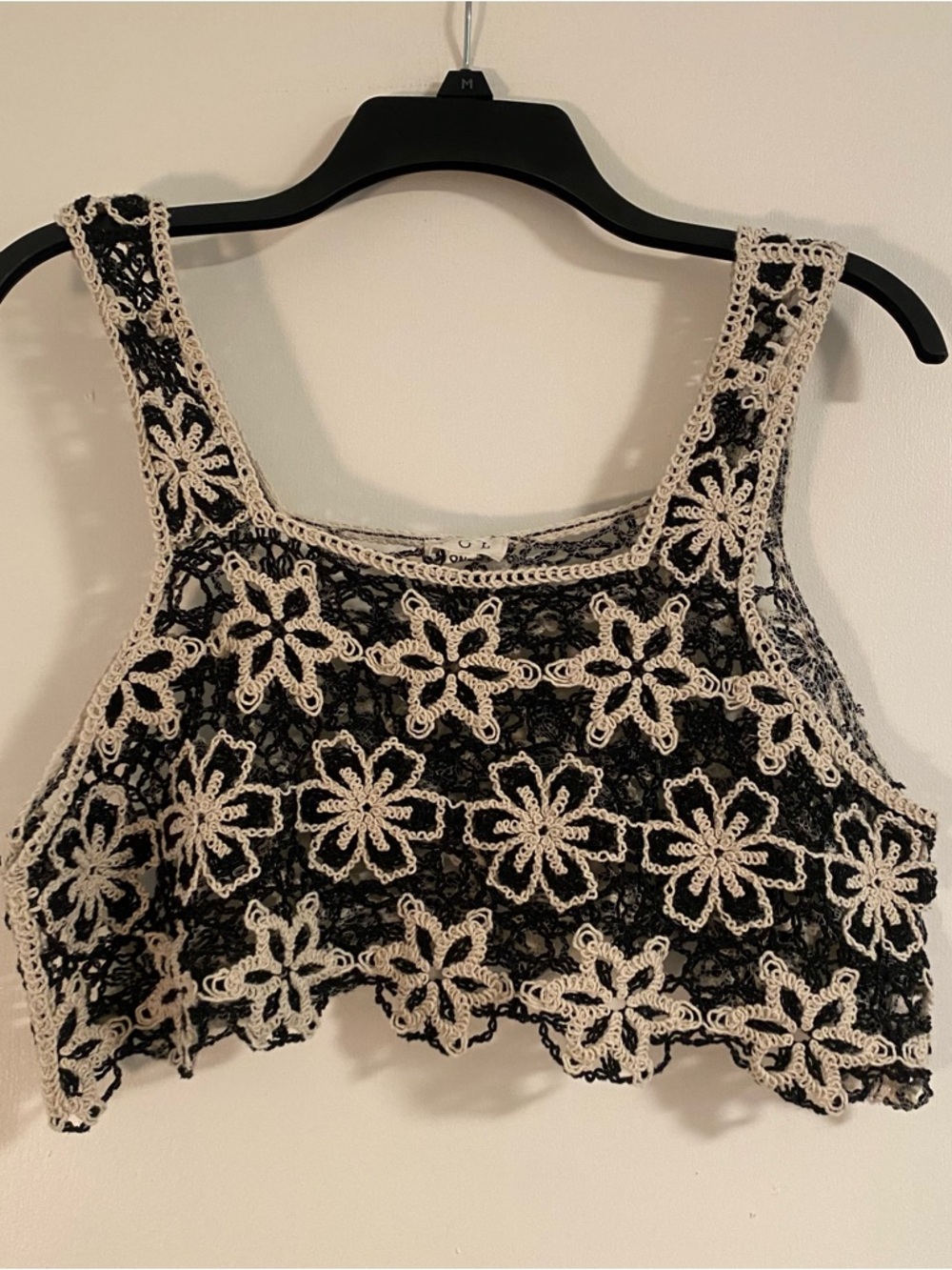 POL Crochet Knit Tank Cover Up Top One Size Floral Boho Festival Sun Black/White